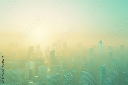 A city is shown in the sky with a foggy atmosphere