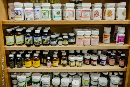 Shelves with bottles and jars of vitamins and supplements in a pharmacy