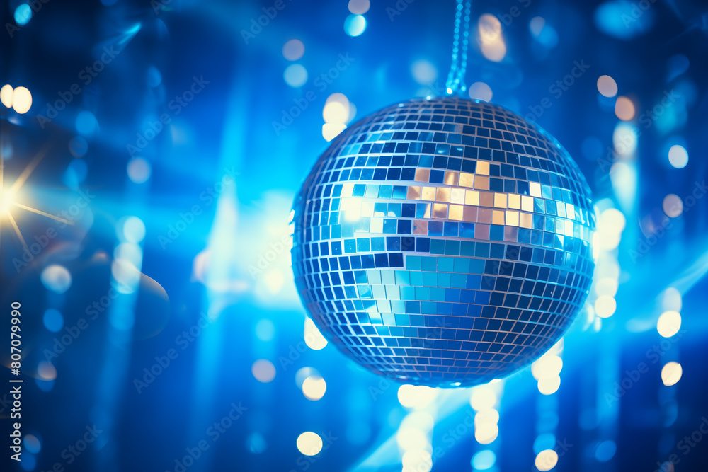 Fototapeta premium A disco ball is suspended from the ceiling at party, reflecting the lights