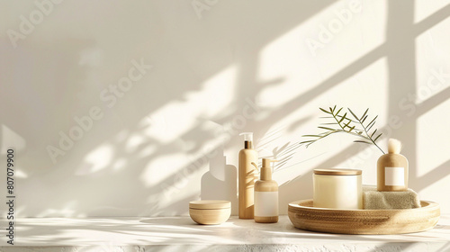 A serene study of skincare essentials on a white background, featuring bamboo accents,