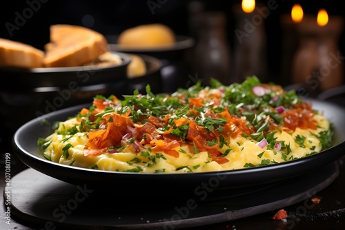 Potato puree with parsley and carrots on a black plate