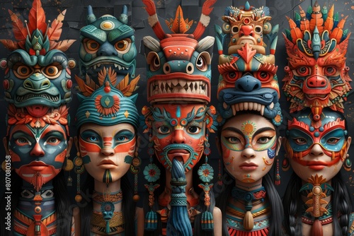 A collective representation of human heads in vintage art style, blending elements of traditional Asian Chinese and Indian Dang aesthetics. photo