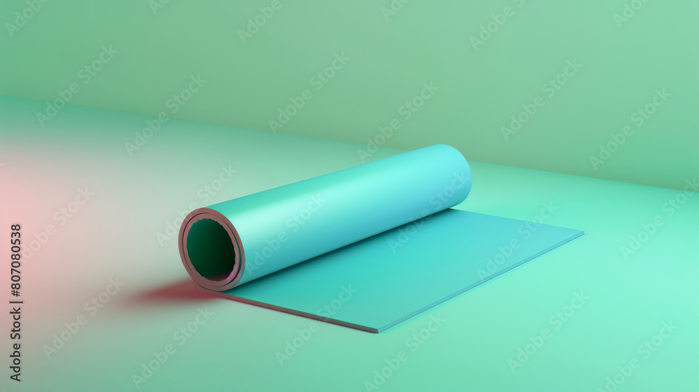 A minimalist scene with a teal yoga mat partially rolled against a soft green gradient backdrop, evoking serenity and balance. A minimalist scene with a teal yoga mat partially rolled against a soft green gradient backdrop, evoking serenity and balance.