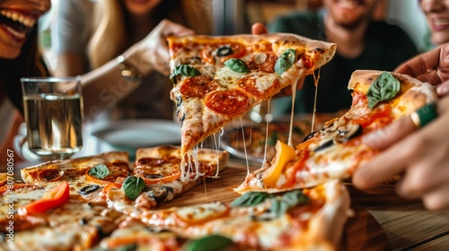 A group of friends sharing laughter and conversation over slices of gourmet pizza at a cozy pizzeria, enjoying a fun and tasty meal together.