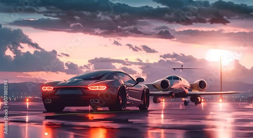Super car and private jet on landing strip. Business class service at the airport. Business class transfer. Airport shuttle. digital ai  photo