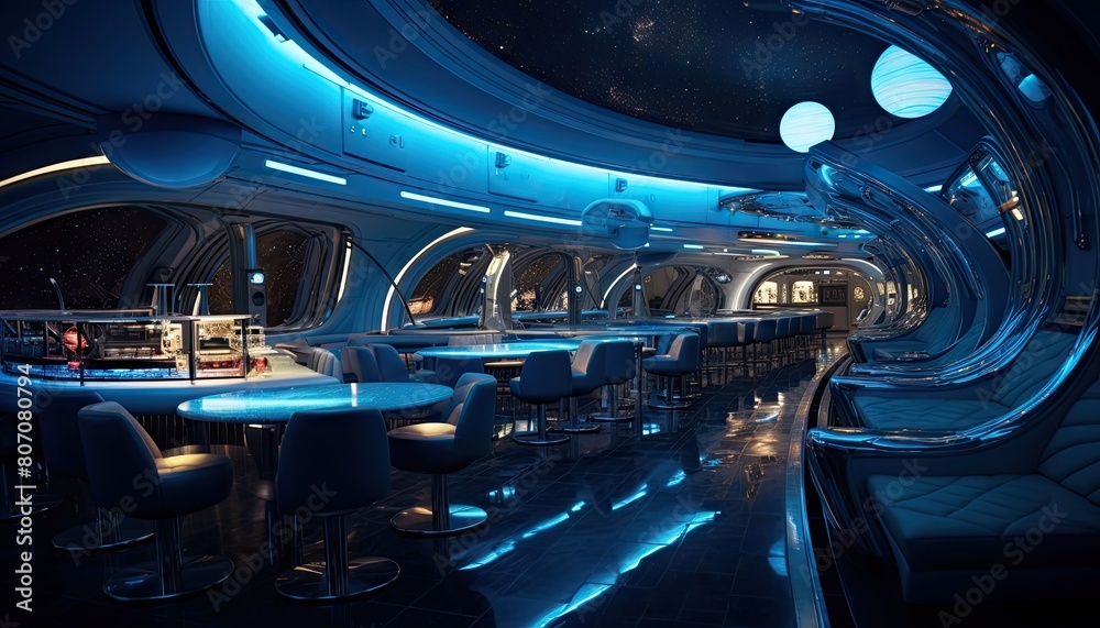Interior of a futuristic bar with blue lighting accents and modern chairs creating a sleek atmosphere Interior of a futuristic bar with blue lighting accents and modern chairs creating a sleek atmosphere