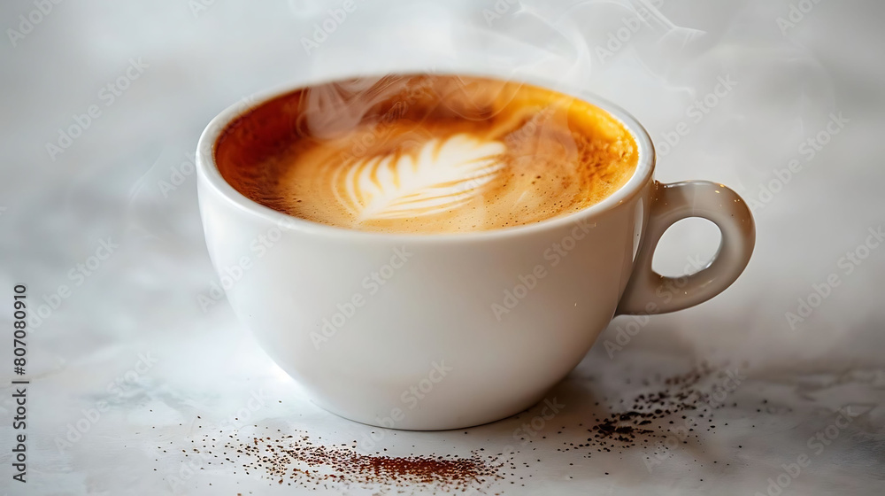 close - up of steaming cup of coffee with latte art on a transparent background, featuring a brown and white design and a white handle close - up of steaming cup of coffee with latte art on a transparent background, featuring a brown and white design and a white handle