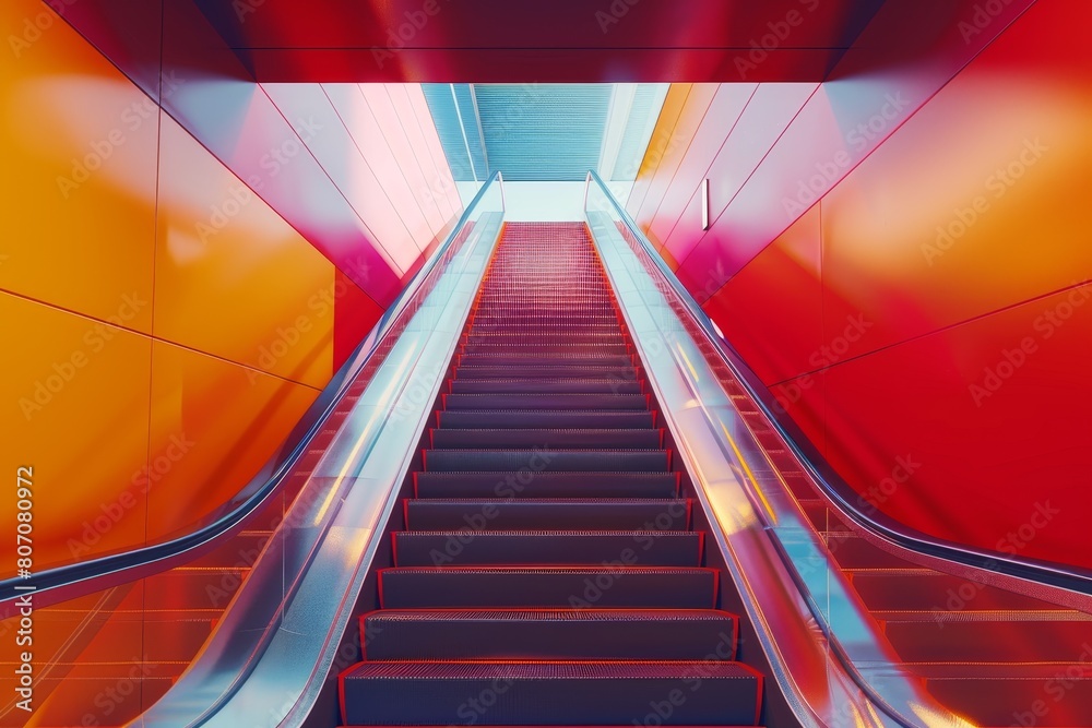 A colorful escalator in a colorful room