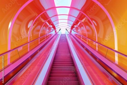 A colorful escalator in a colorful room