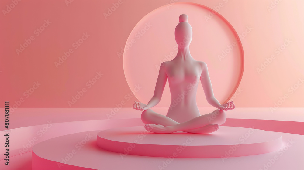 A 3D-rendered abstract figure in a meditative pose with a soft, glowing halo against a pastel pink backdrop, depicting calmness and mindfulness. A 3D-rendered abstract figure in a meditative pose with a soft, glowing halo against a pastel pink backdrop, depicting calmness and mindfulness.
