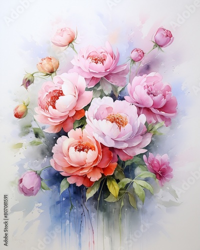 Graceful watercolor of mixed peonies and roses, pastel tones against white, emphasizing a tranquil and joyful atmosphere , fresh and clean look