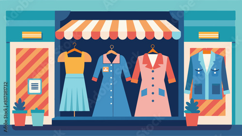 The shops sidewalk display is adorned with a mix of 60sstyle mini dresses and 80sinspired denim jackets inviting shoppers to step into a retro fashion. Vector illustration