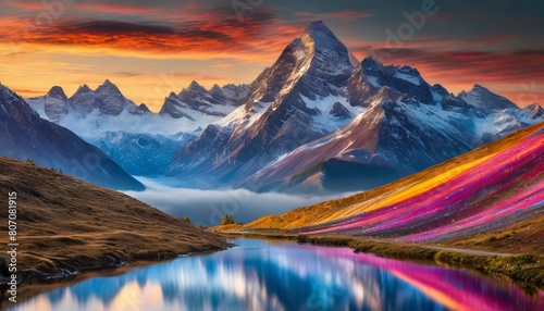Mountain Dreamscape, Valley with Rainbow Flower Fields and Lake