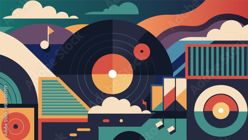A series of vinyl records with abstract cover art representing a playlist of instrumental and ambient tunes perfect for a relaxing evening at home. Vector illustration