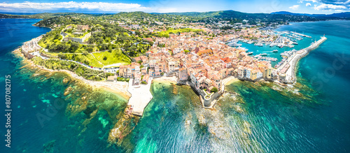 Saint Tropez village fortress and landscape aerial panoramic view, famous tourist destination on Cote d Azur photo