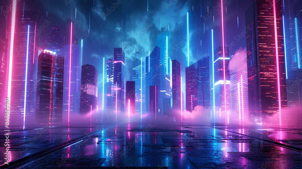 Digital landscape of a cyber cityscape with glowing neon lights