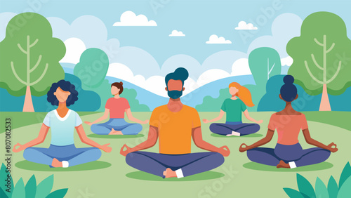 A group of people practicing mindful breathing and gentle stretching in a serene park setting to reduce anxiety and promote relaxation.. Vector illustration