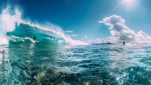 Waveshaped panoramic ocean view with surfers in action, energetic and lively for sports or adventure themes photo