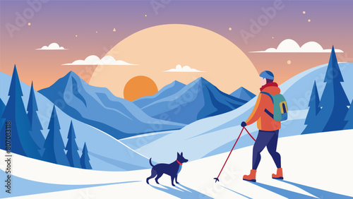 As the sun sets over the snowcovered landscape a determined skier and their faithful dog embark on a journey of speed and skill in an unforgettable. Vector illustration