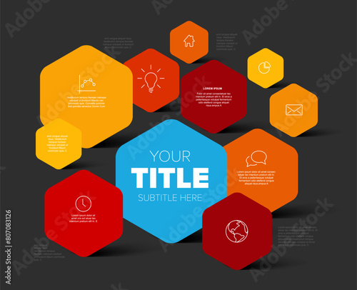 Simple infographic template with various information in standing hexagon boxes on dark background