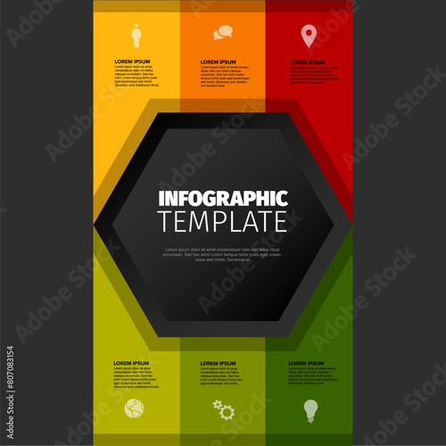 Six vertical items infographic template on dark background