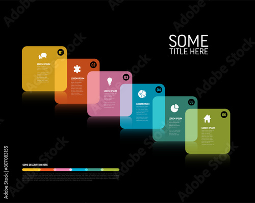 Pastel transparent color six elements template with square cards icons and description on black