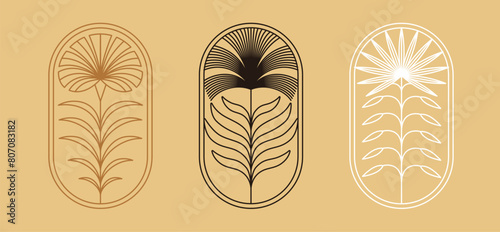 Vector set of linear boho icons and symbols - floral illustrations, abstract design elements, logo templates in modern minimalist line style, botanical organic cosmetics.
