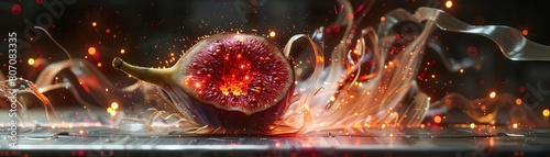 A fig bursting as its subjected to a sudden surge of gamma rays, its fibers glowing and curling in a controlled environment lab photo