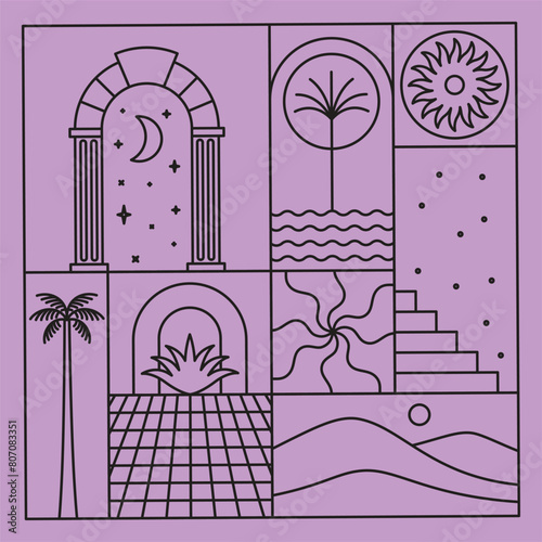 Vector illustrations in simple line style, boho abstract prints, simple arcs with natural landscapes with mountains and hills, stairs and mystic elements, logo design