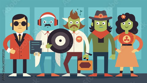 The record store hosts a vinylthemed costume contest with participants dressing up as famous musicians or album covers. Vector illustration