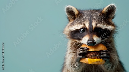 Surreal Raccoon Enjoying a Cheeseburger with Joyful Expression Against Vivid Background © vanilnilnilla