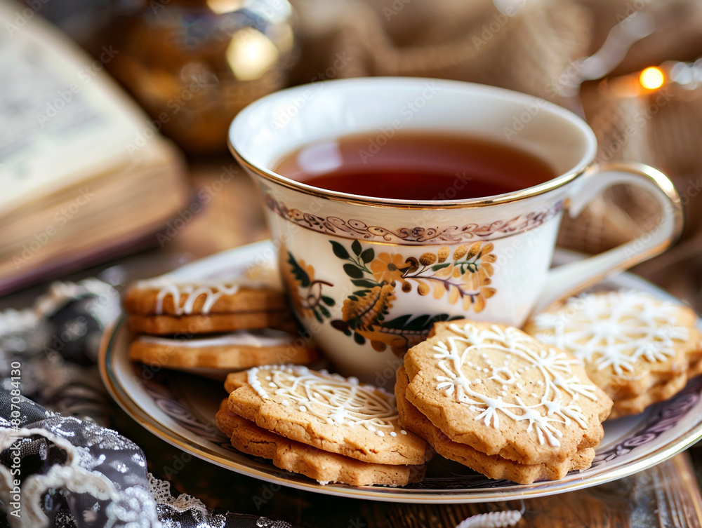 Fototapeta premium A cup of English tea with a few delicious cookies.