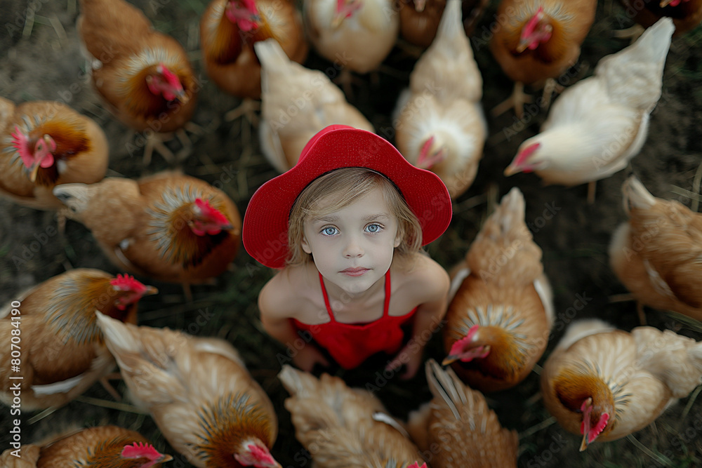 Toddler cute kid surrounded by chicken in coop Toddler cute kid surrounded by chicken in coop