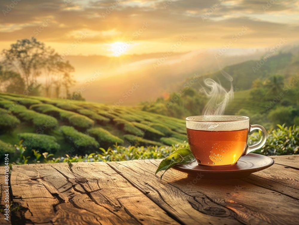 a cup of tea on a wooden table overlooking a beautiful tea plantation bathed in the warm light of sunrise a cup of tea on a wooden table overlooking a beautiful tea plantation bathed in the warm light of sunrise