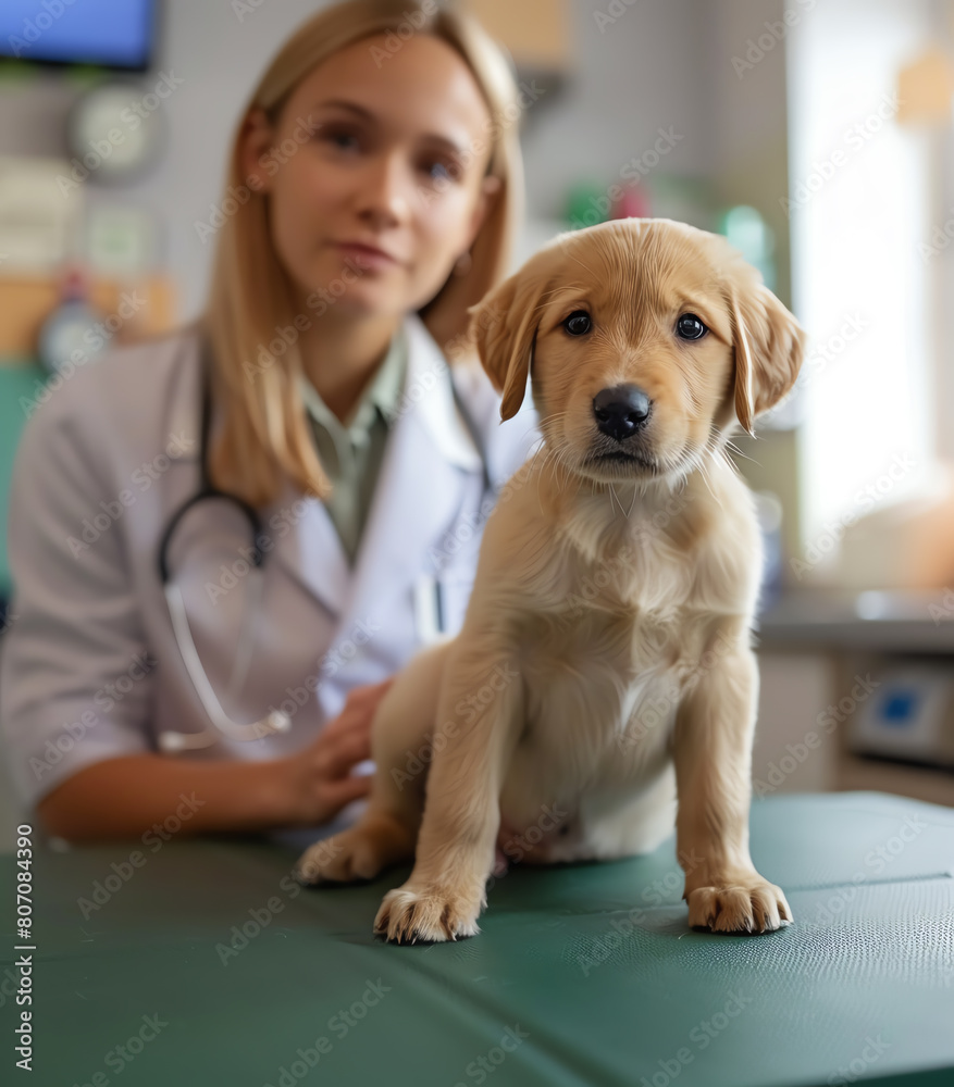 A Golden Retriever puppy sits on the examination table while a veterinarian prepares to conduct a health checkup in a clinic.