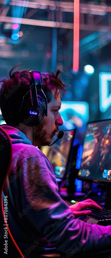 Fototapeta premium A gaming influencer streaming a new game launch, providing live commentary and tips to a captivated audience