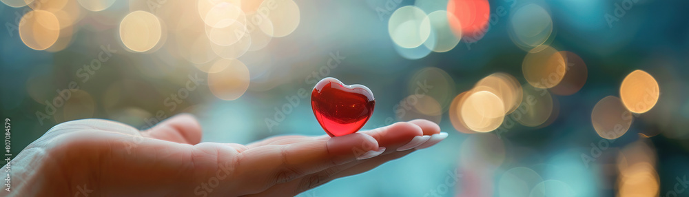 A hand holding a red heartshaped pill, with a blurred hospital background, conveying trust in medicine A hand holding a red heartshaped pill, with a blurred hospital background, conveying trust in medicine
