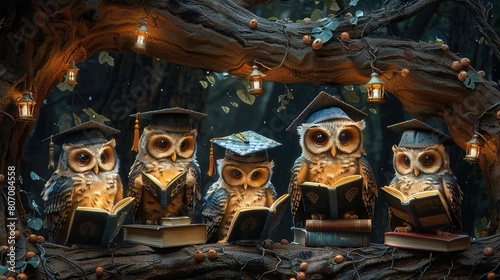 A group of owls in graduation caps, attending a night school in the tree, with books and a chalkboard photo