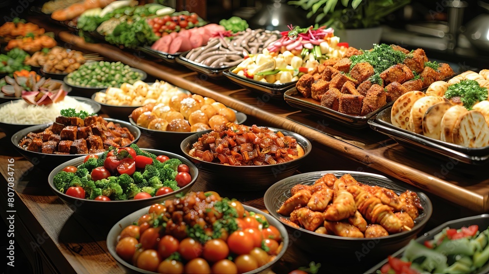 Obraz premium A lavish buffet spread tempts guests with a diverse array of international cuisines and delectable desserts