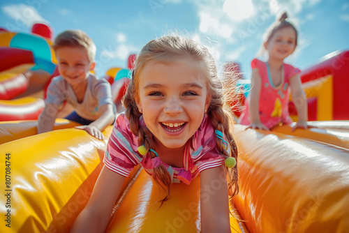 Happy group of kids on the inflatable bounce house on sunny summer day photo