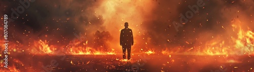 A man silhouette standing strong amidst a storm of fire and embers photo