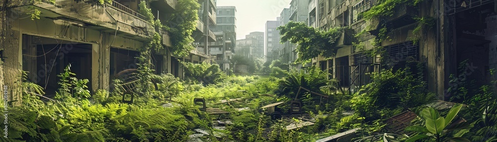 Fototapeta premium Abandoned city with overgrown plants and decaying buildings, after a chemical disaster, nature reclaiming space