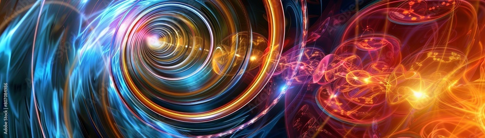 An abstract quantum tunnel backdrop, with swirling patterns and vibrant colors representing subatomic particles in motion An abstract quantum tunnel backdrop, with swirling patterns and vibrant colors representing subatomic particles in motion