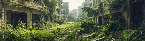 Abandoned city with overgrown plants and decaying buildings, after a chemical disaster, nature reclaiming space photo