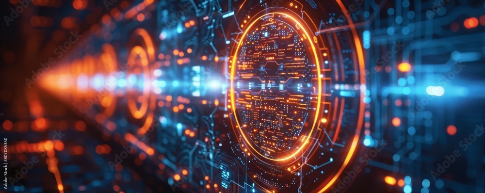 Obraz premium Cybersecurity lock interface enhanced with quantum key distribution, featuring intricate patterns of light and shadow