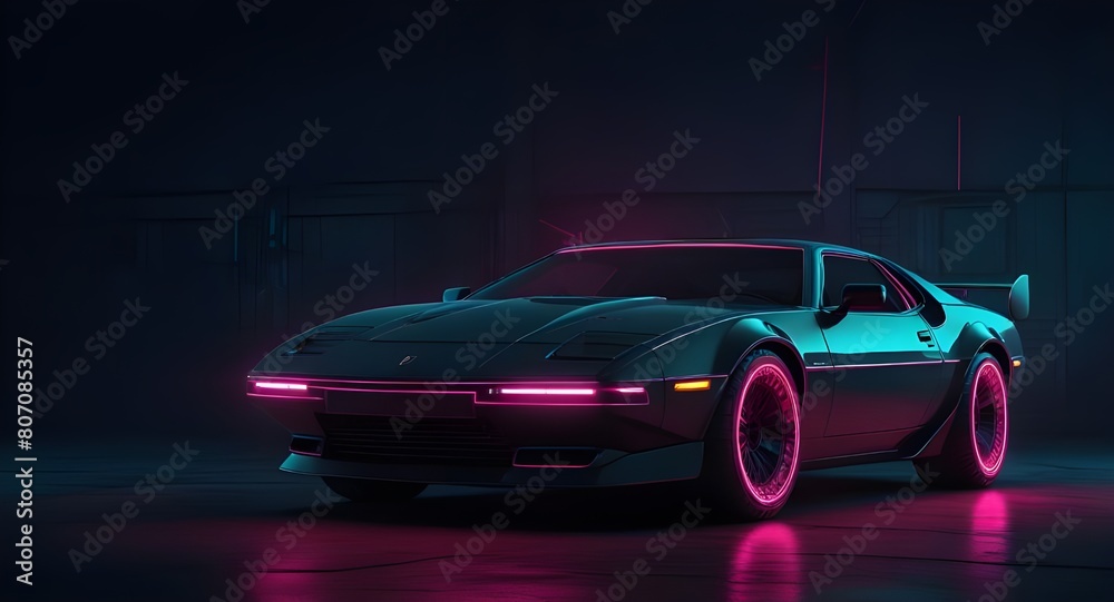 Naklejka premium Cyberpunk Futuristic retro wave synth wave car, Retro sports car with neon backlight contours,