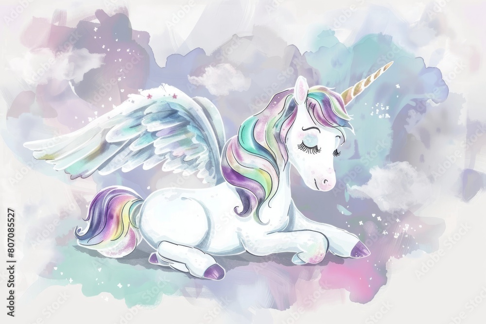 Naklejka premium Beautiful unicorn on clouds with stars illustration, Illustrations for banners, children's books, magazines