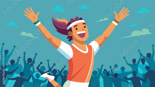 Soaring through the air with an ecstatic smile on their face a tennis player basks in the glory of their grand slam win cheered on by a lively crowd.. Vector illustration photo