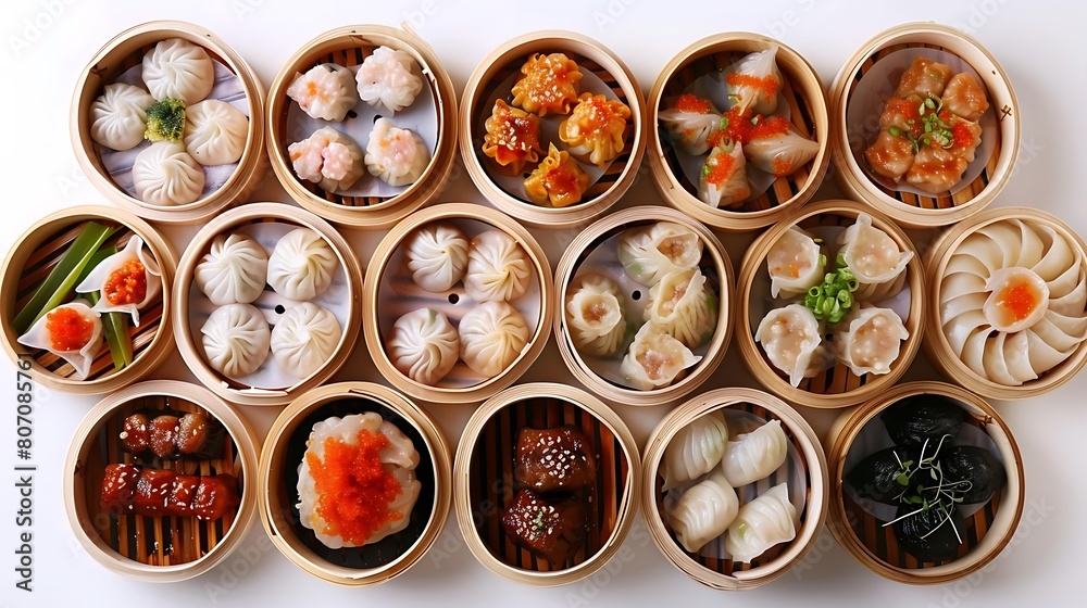 selection of assorted dim sum on bamboo steamer trays, accompanied by a white bowl, a white and wood bowl, and a white garlic selection of assorted dim sum on bamboo steamer trays, accompanied by a white bowl, a white and wood bowl, and a white garlic