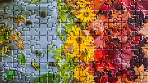 Puzzle piece background of interlocking images from different seasons, interactive and educational for various uses